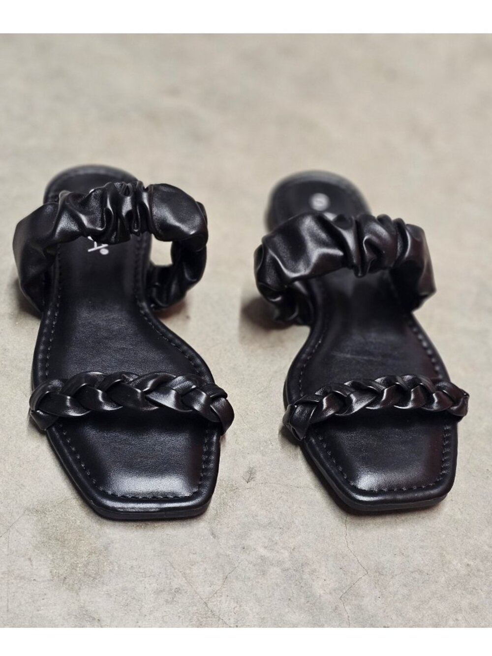 Black Square-Toe Sandals With Braided Strap & Ruched Detail